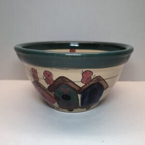 Heatherstone Pottery Birdhouse Bowl Folk Art 8" Signed KK Stoneware